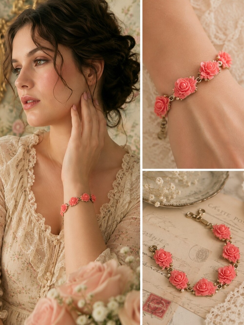 7.5" Coral Pink Rose Floral Bracelet